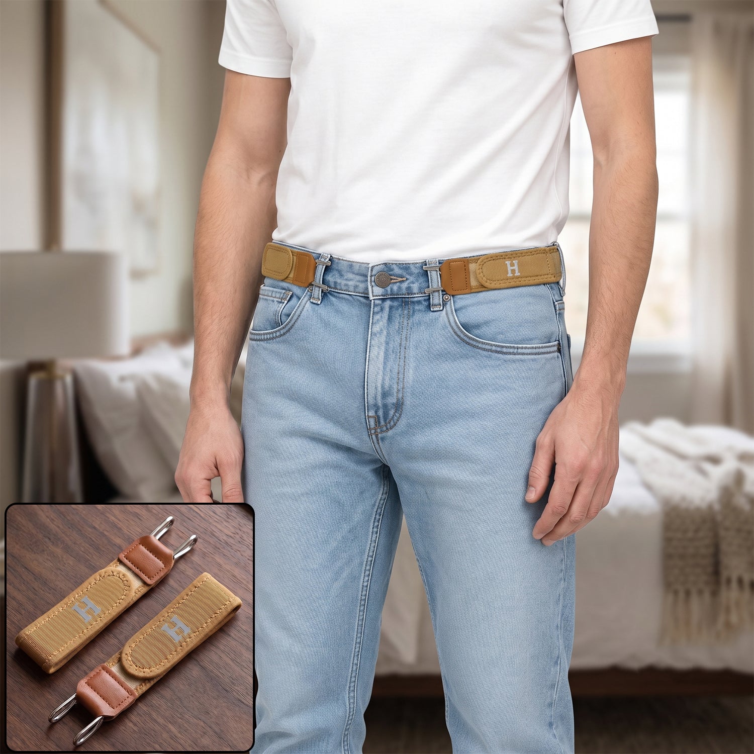 Buckleless elastic waist belt hooks 2-piece lifestyle view