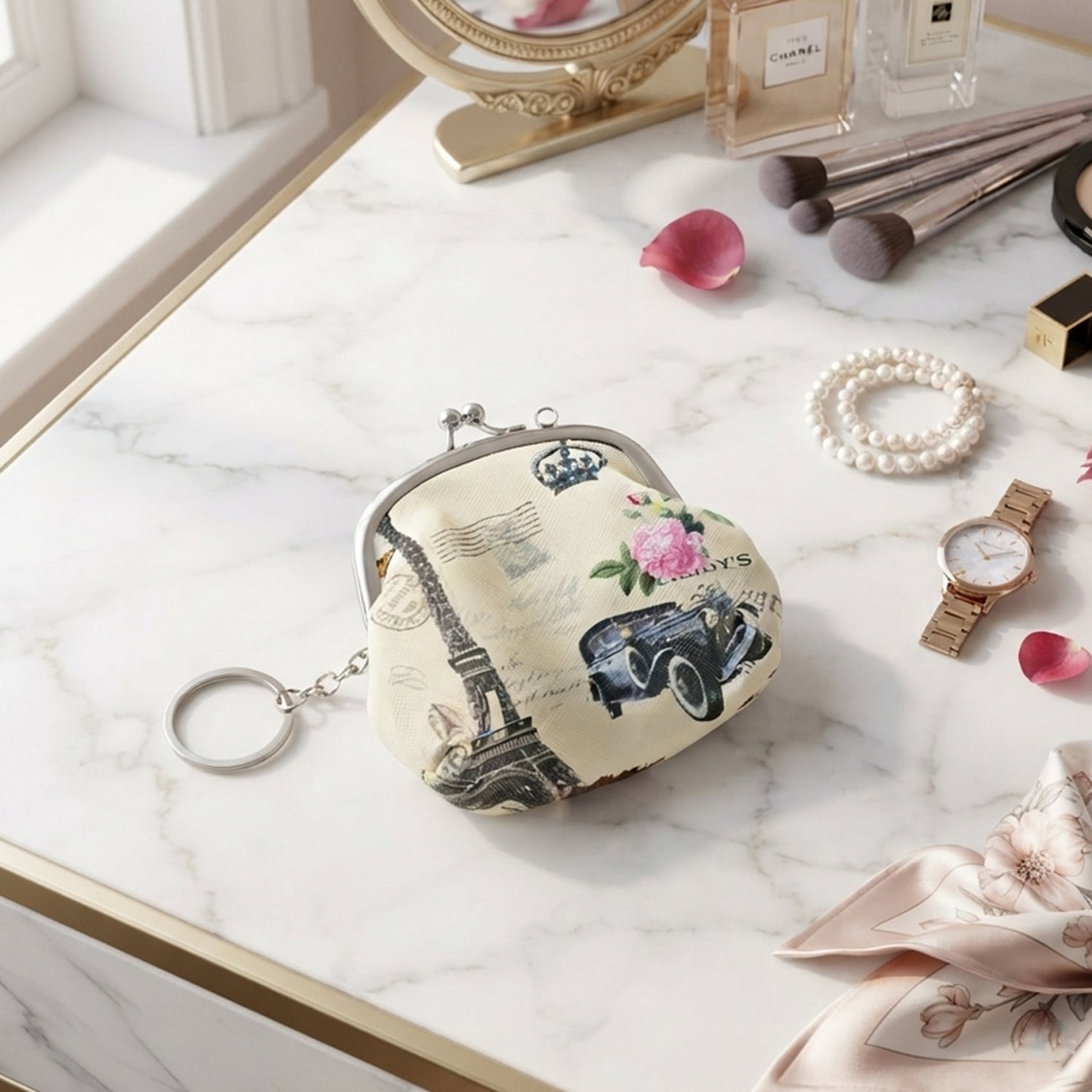 Printed coin purse keychain lifestyle image