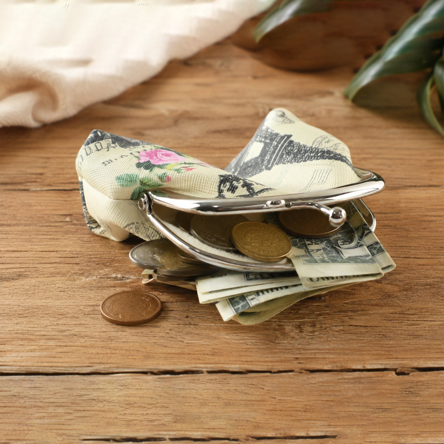 Small clasp purse holding coins and cash