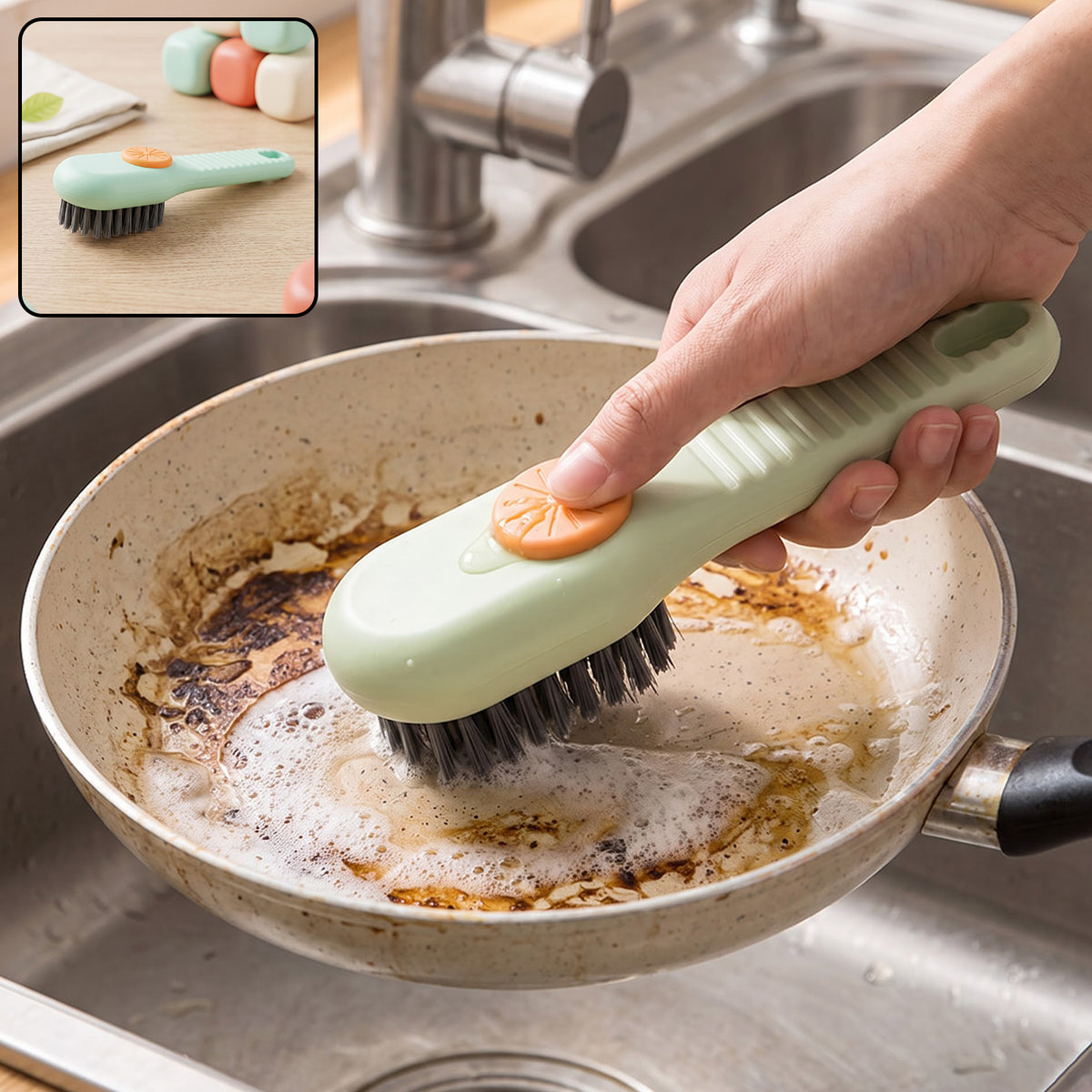 Liquid dispensing cleaning brush in use