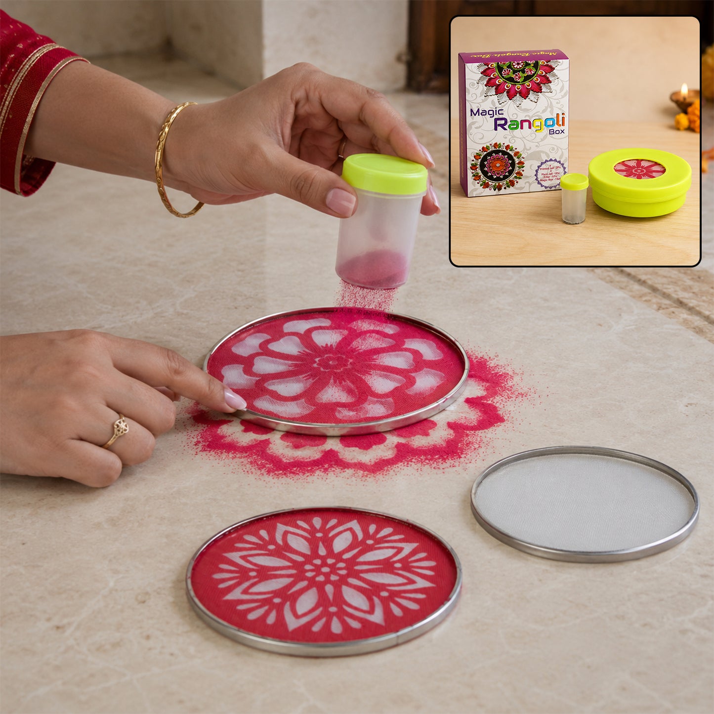 Magic rangoli maker set in use without SKU