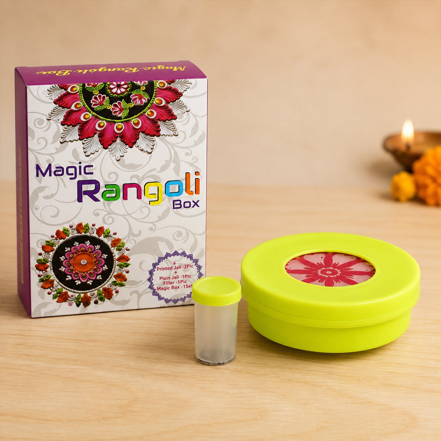 Rangoli maker box with stencils and filler