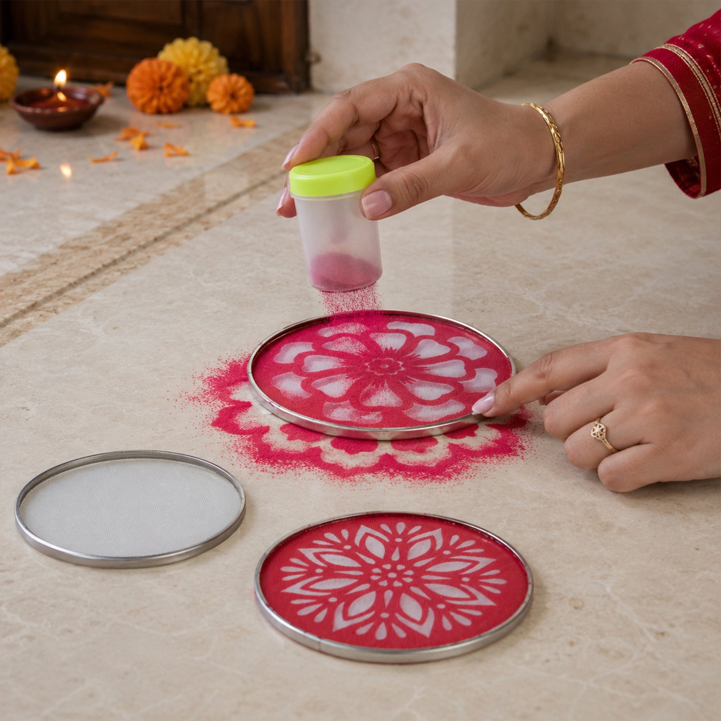 Pattern stencil rangoli making demonstration