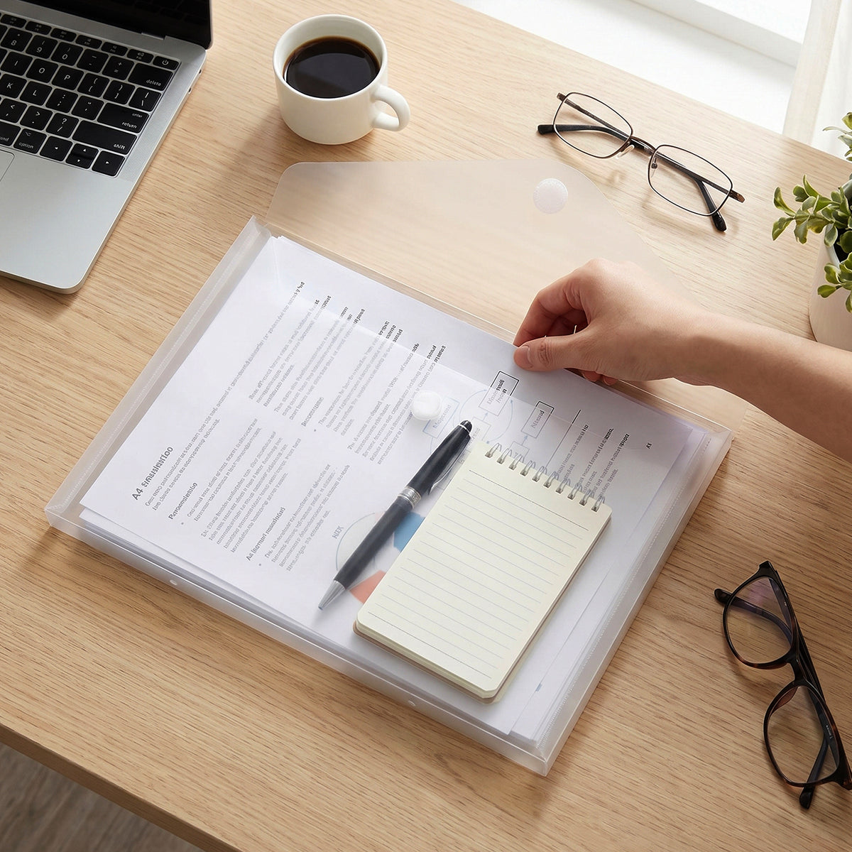 Transparent plastic file folder organizing papers in use