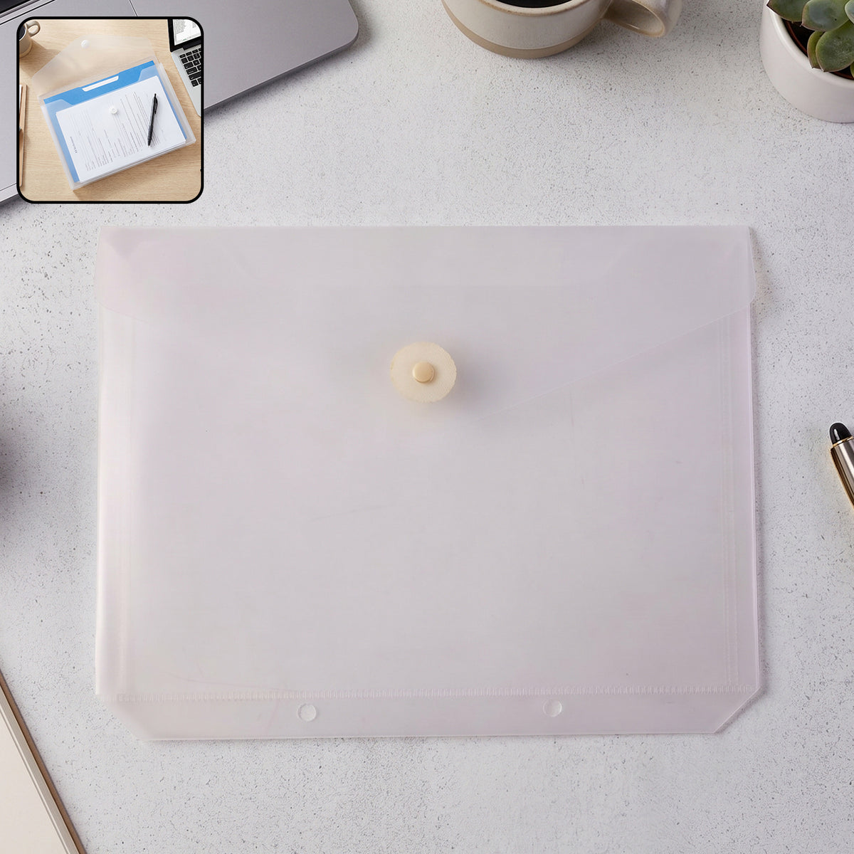 Transparent plastic file folder closed with round button