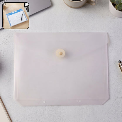 Transparent plastic file folder closed with round button