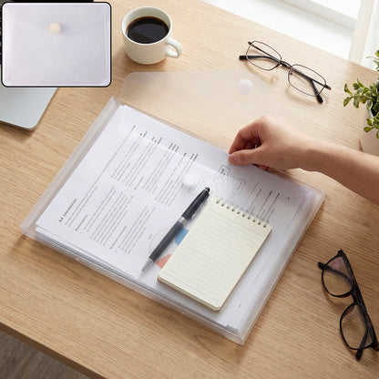 Transparent button file folder holding office documents on desk