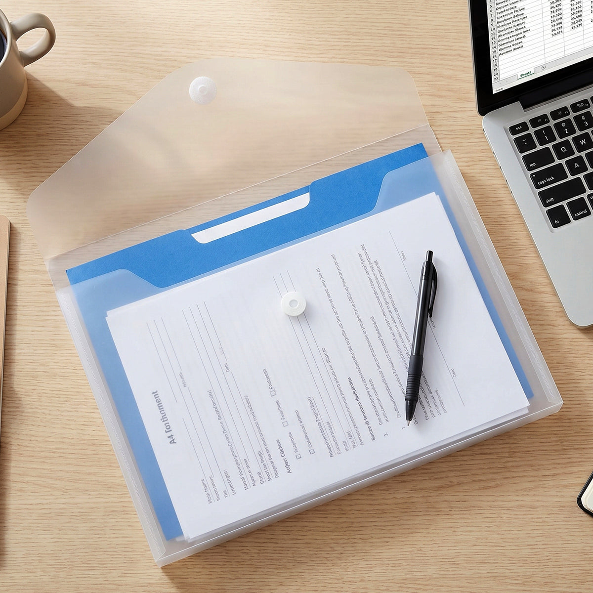 Transparent document folder open with papers and button closure