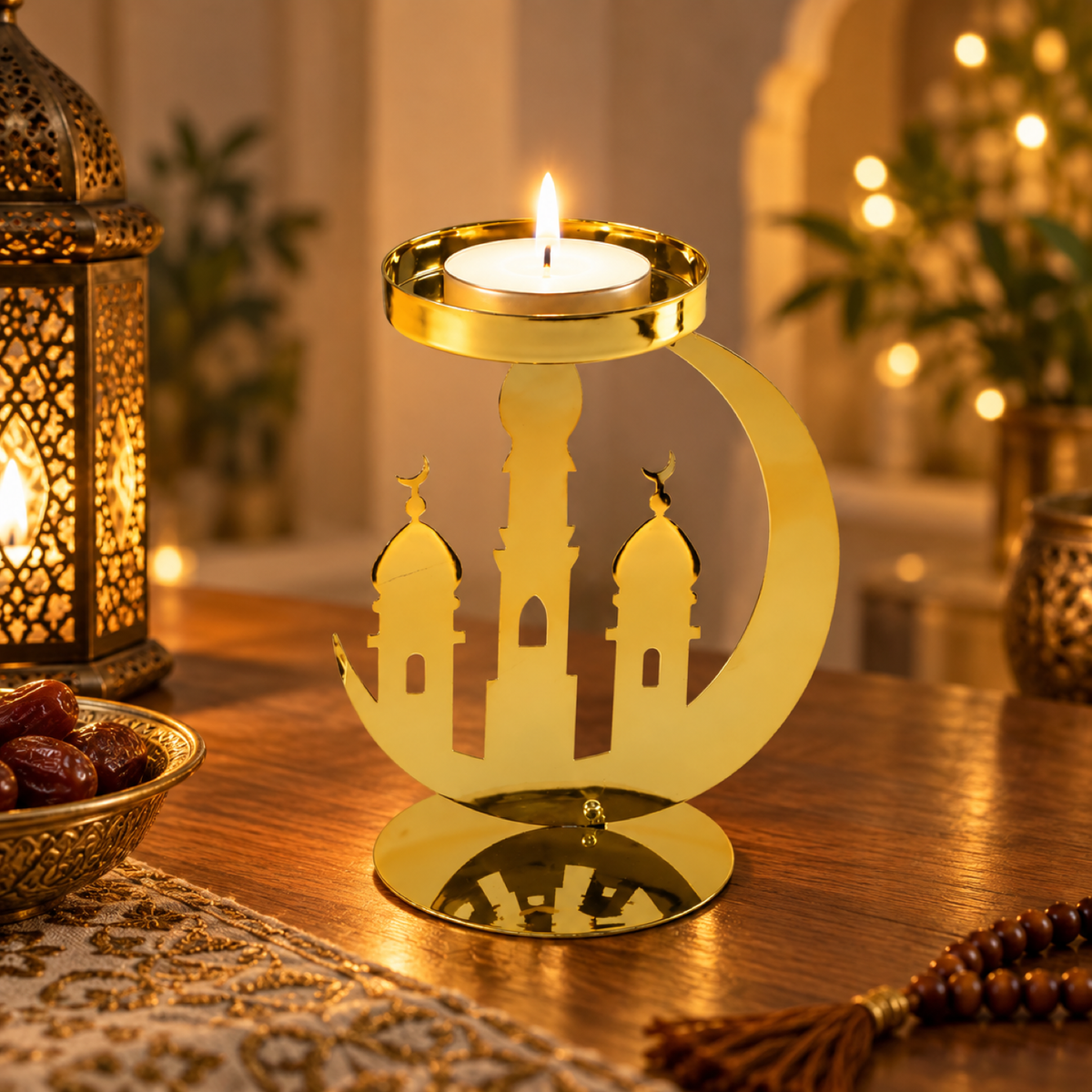 Golden Metal Tealight Candle Holder Ramadan Eid Mosque Moon Decor showcase
