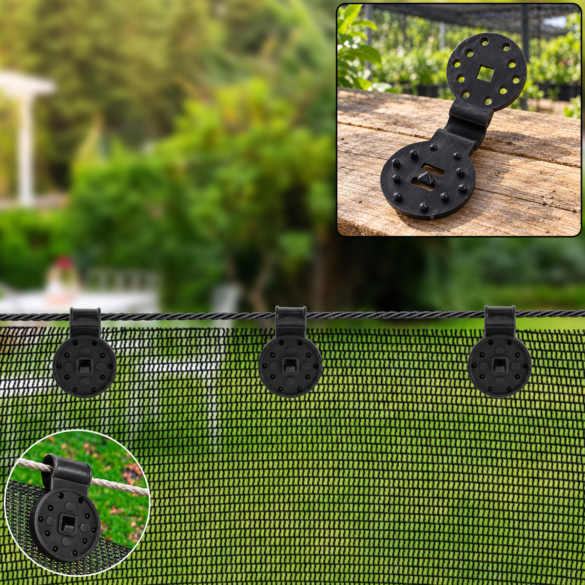Plastic shade cloth fixing clip installed on garden net