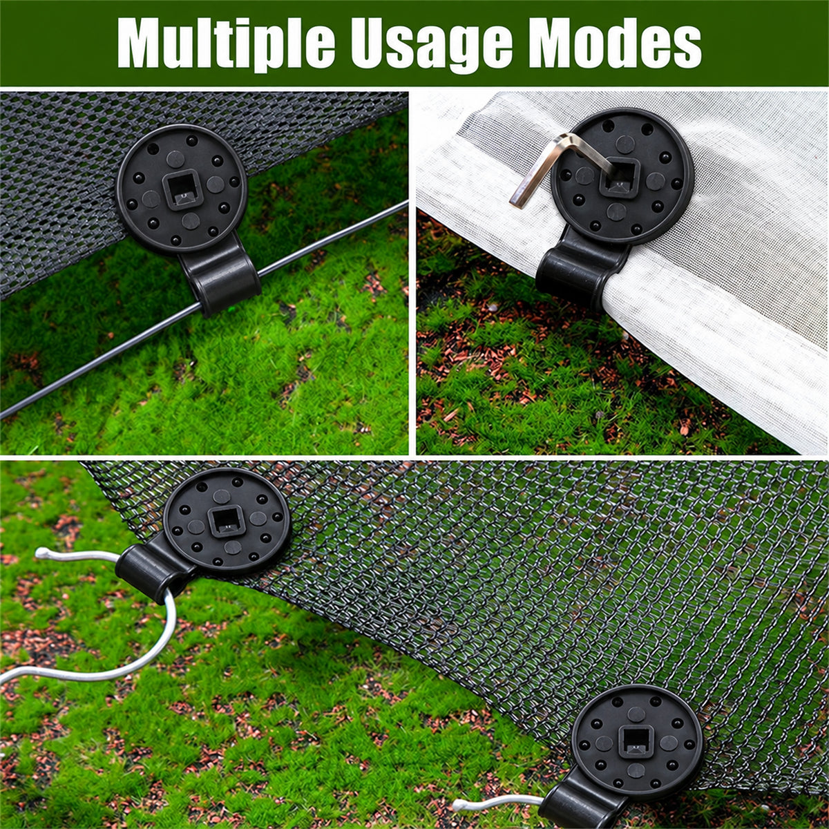 Multiple usage modes for plastic shade cloth fixing clip