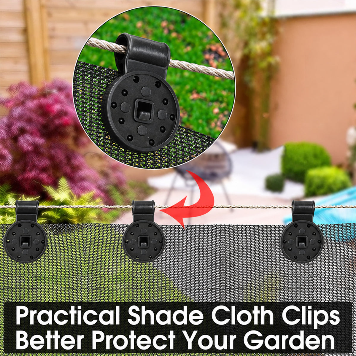 Shade cloth clip securing garden net to support wire