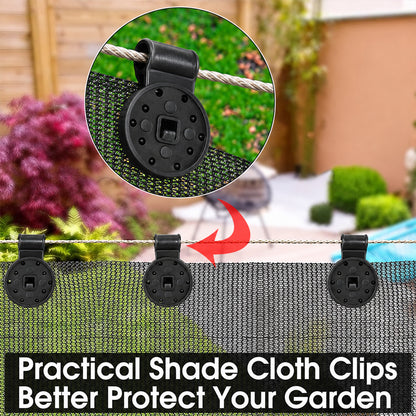 Shade cloth clip securing garden net to support wire