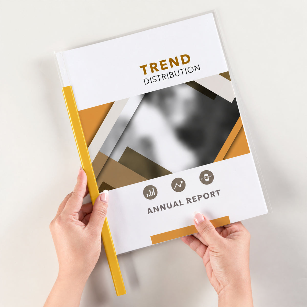 Transparent sliding report folder held with documents