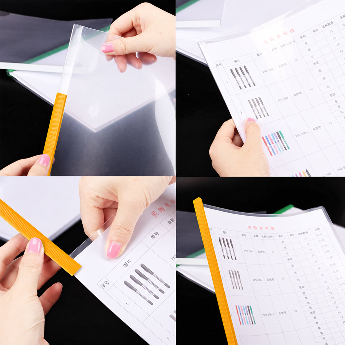 Transparent document folder showing sliding binding bar and paper insertion