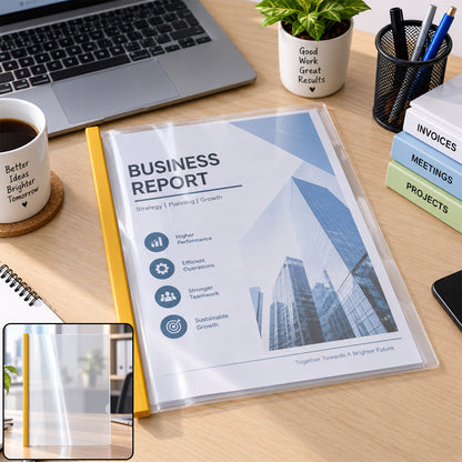 Transparent sliding file folder holding an office report
