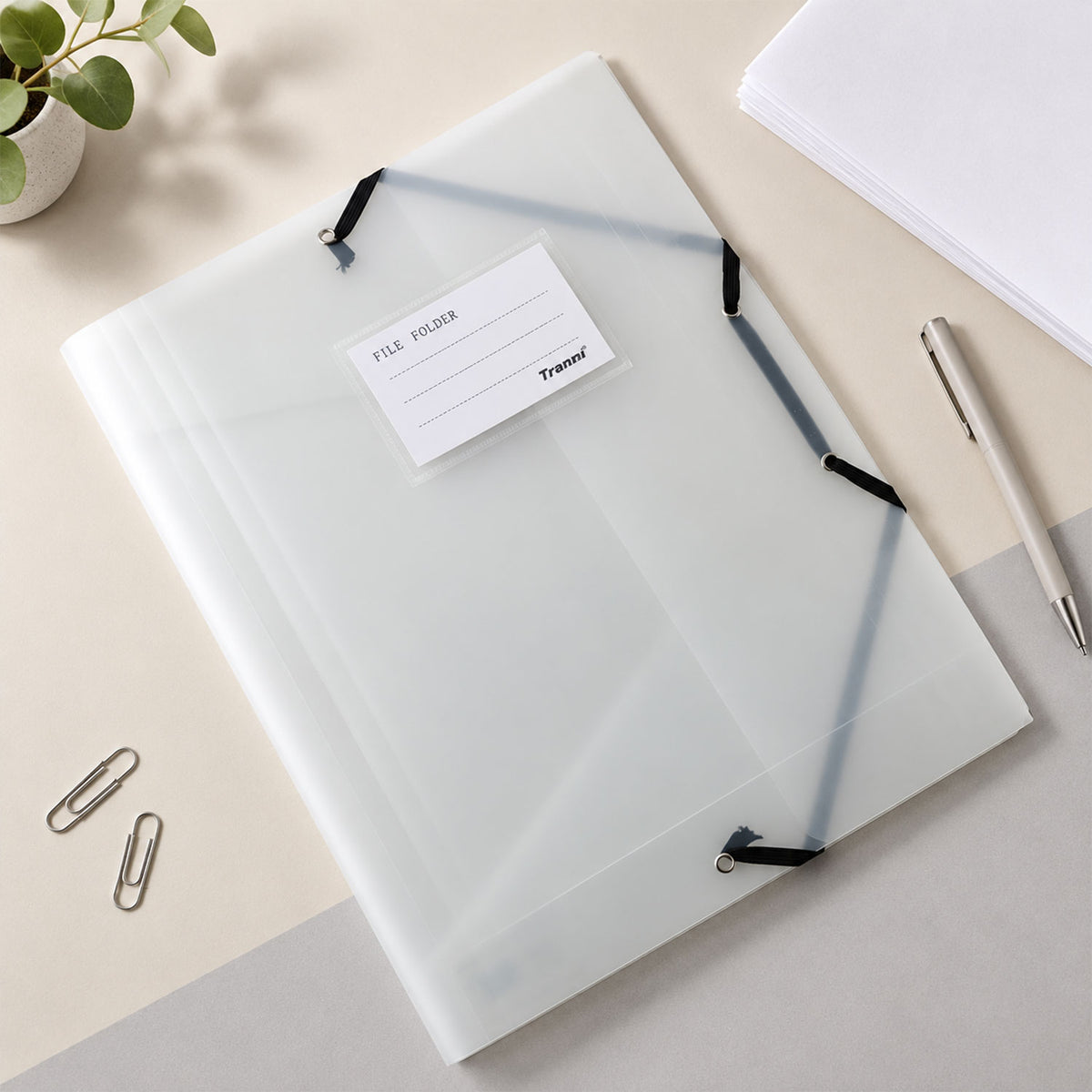 Transparent document folder closed with elastic band and label card