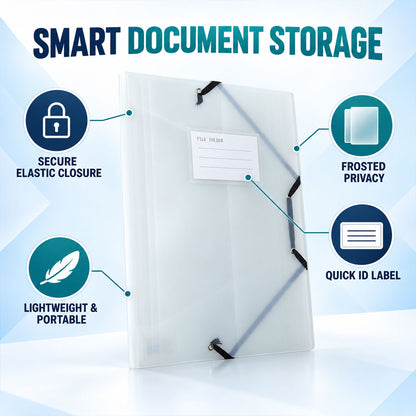 Elastic file folder features secure closure frosted cover and ID label