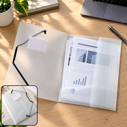 Transparent elastic band file folder open with document pockets