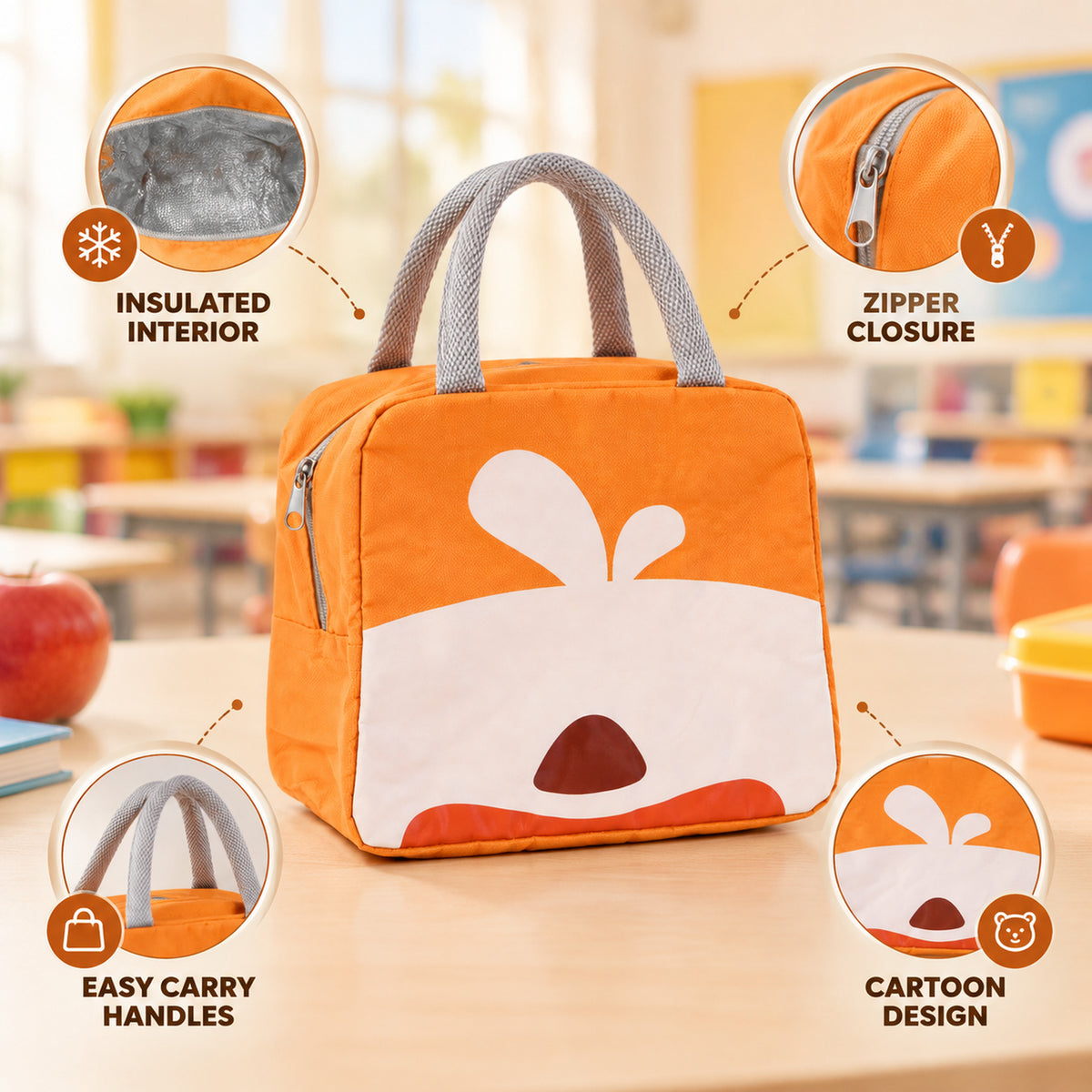 Insulated Cartoon Lunch Bag with Zipper Closure and Carry Handles for Kids Meals
