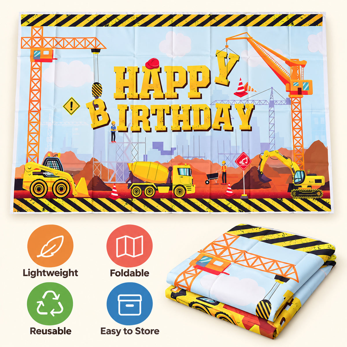 A construction-themed happy birthday banner with icons highlighting its lightweight, foldable, reusable, and easy-to-store