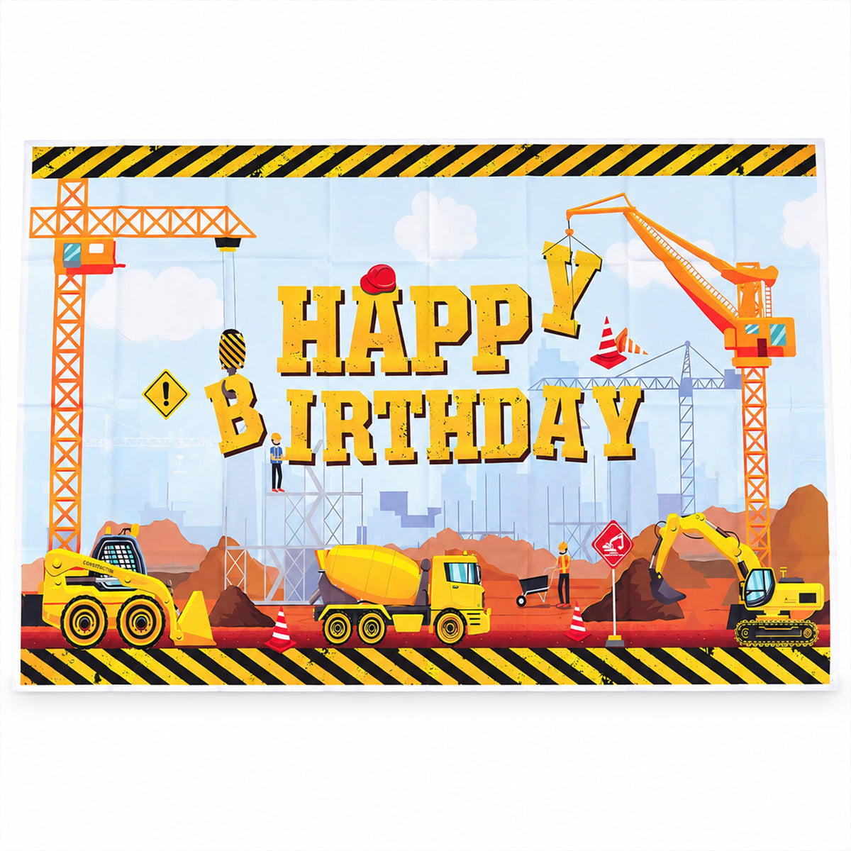 A full view of the construction-themed happy birthday banner featuring cranes, trucks, and warning signs.