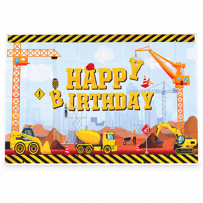 A full view of the construction-themed happy birthday banner featuring cranes, trucks, and warning signs.