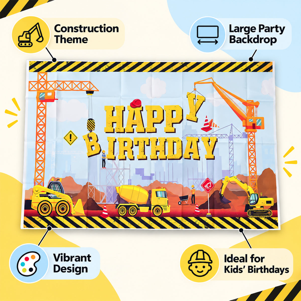 A construction-themed happy birthday banner with text highlighting its vibrant design and suitability for kids' birthdays.