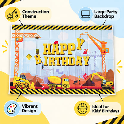 A construction-themed happy birthday banner with text highlighting its vibrant design and suitability for kids' birthdays.