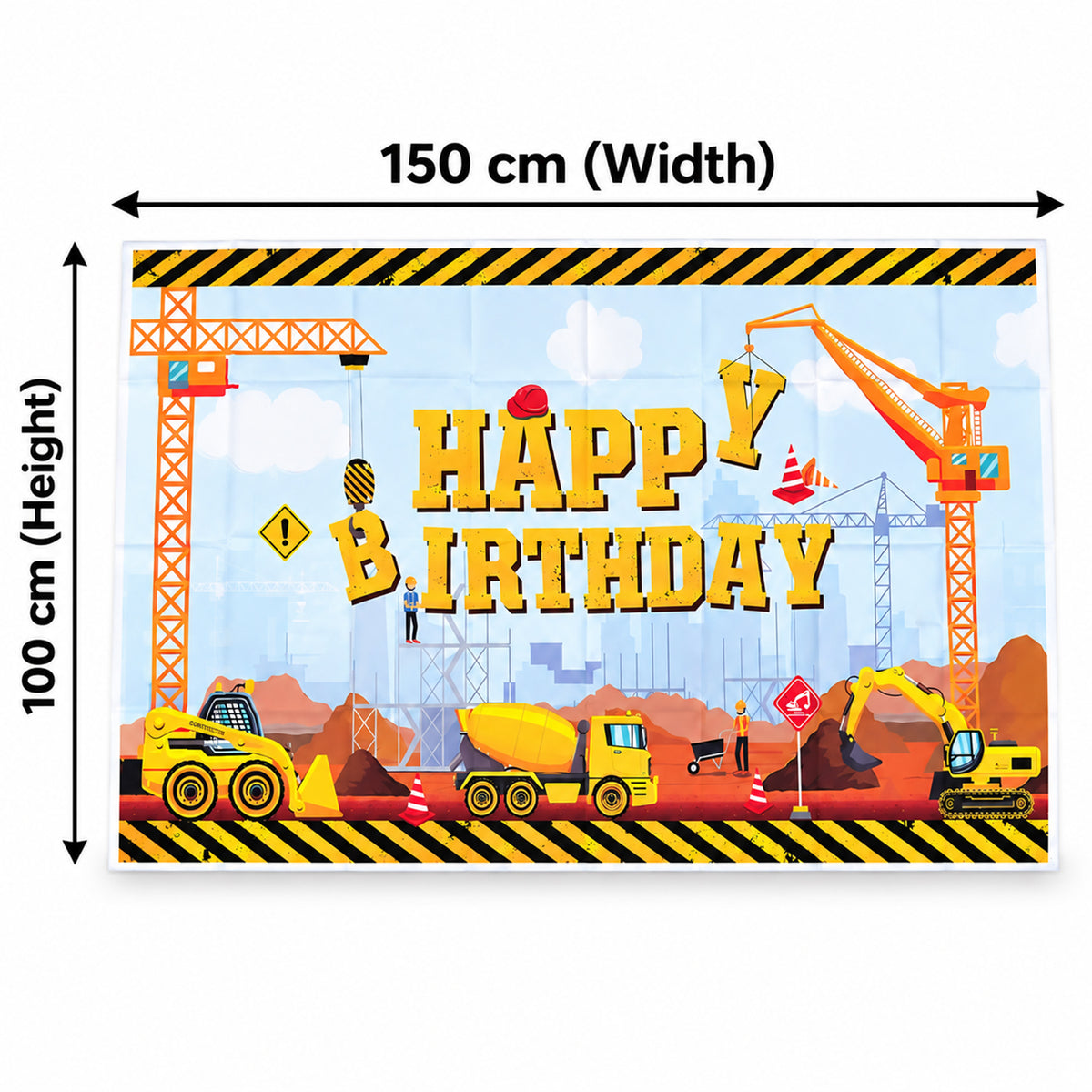 A construction-themed happy birthday banner with arrows indicating its dimensions of 150 cm width and 100 cm height.