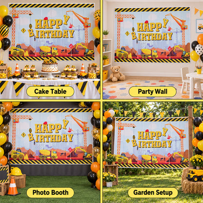 Four different scenes showing the construction-themed birthday banner used as a cake table backdrop, party wall, photo