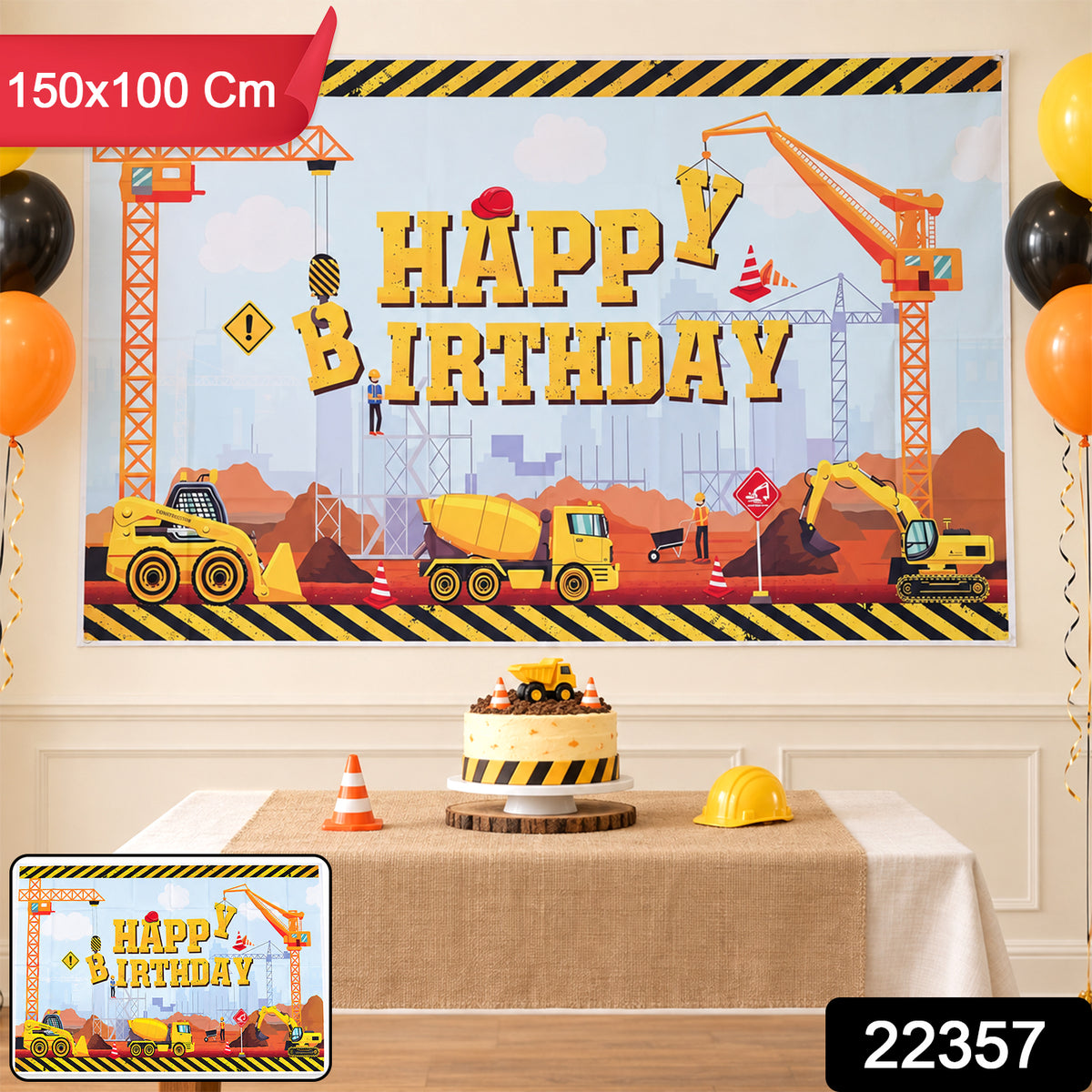 A construction-themed happy birthday banner with a red label indicating its dimensions of 150x100 cm.