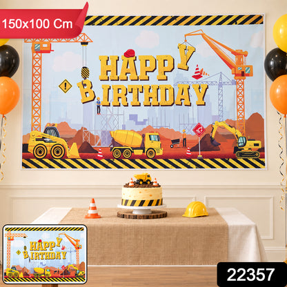 A construction-themed happy birthday banner with a red label indicating its dimensions of 150x100 cm.