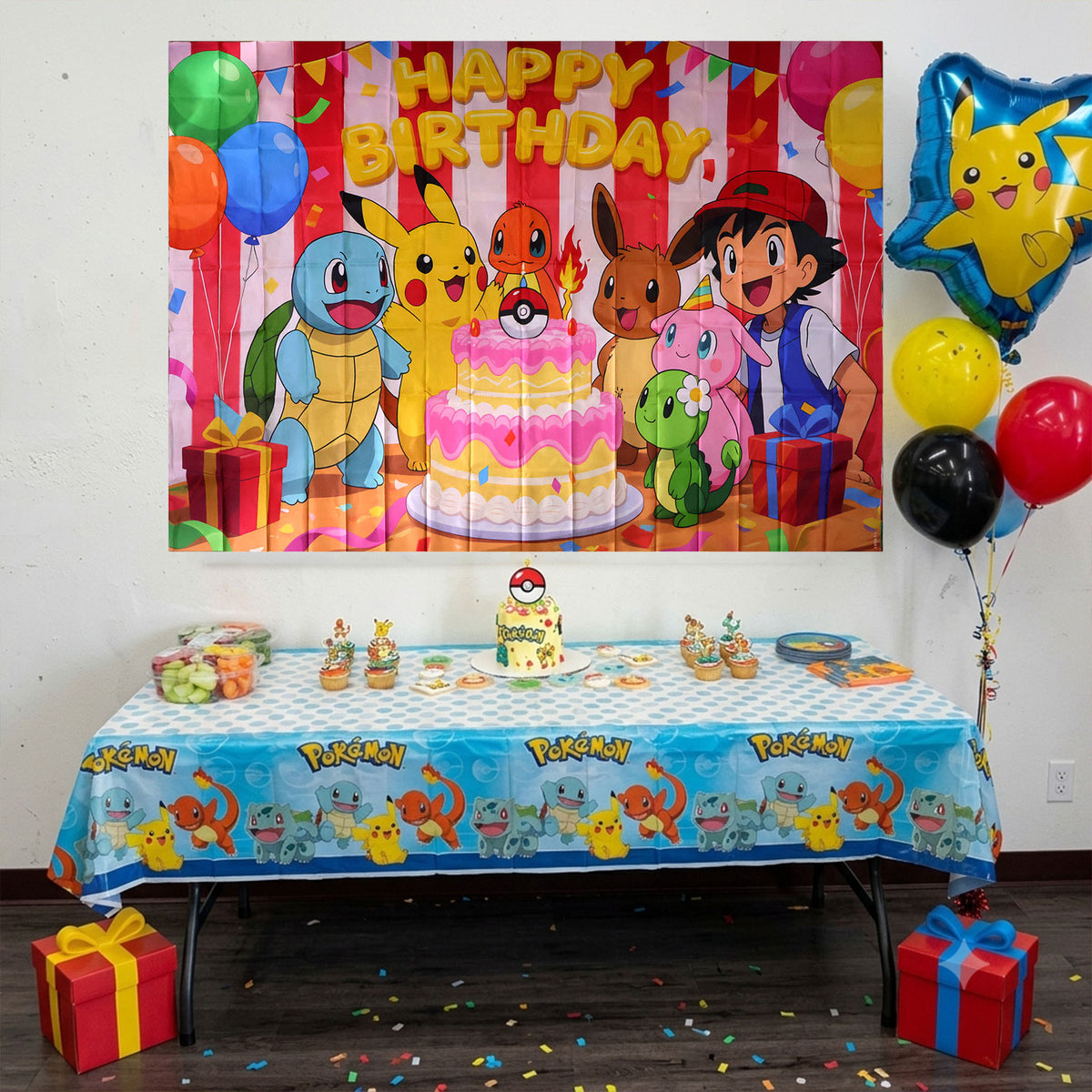 Cartoon birthday cake printed party backdrop - view 02