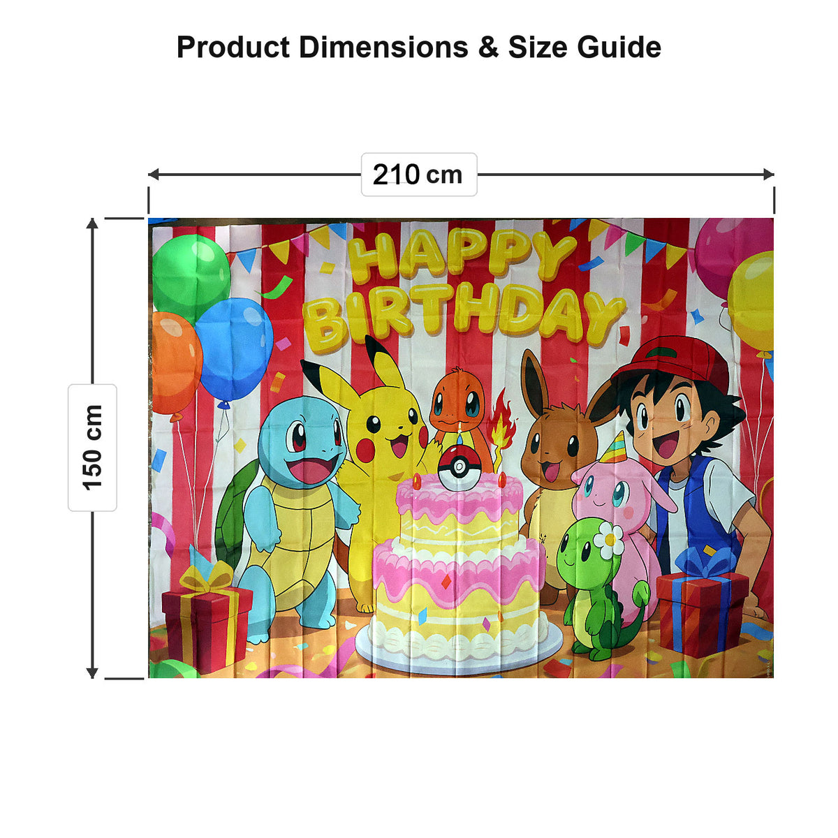 Birthday backdrop dimensions 210 cm wide and 150 cm high