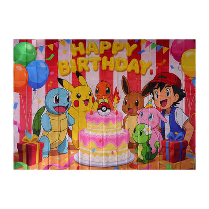 Birthday cake and cartoon character backdrop on white background