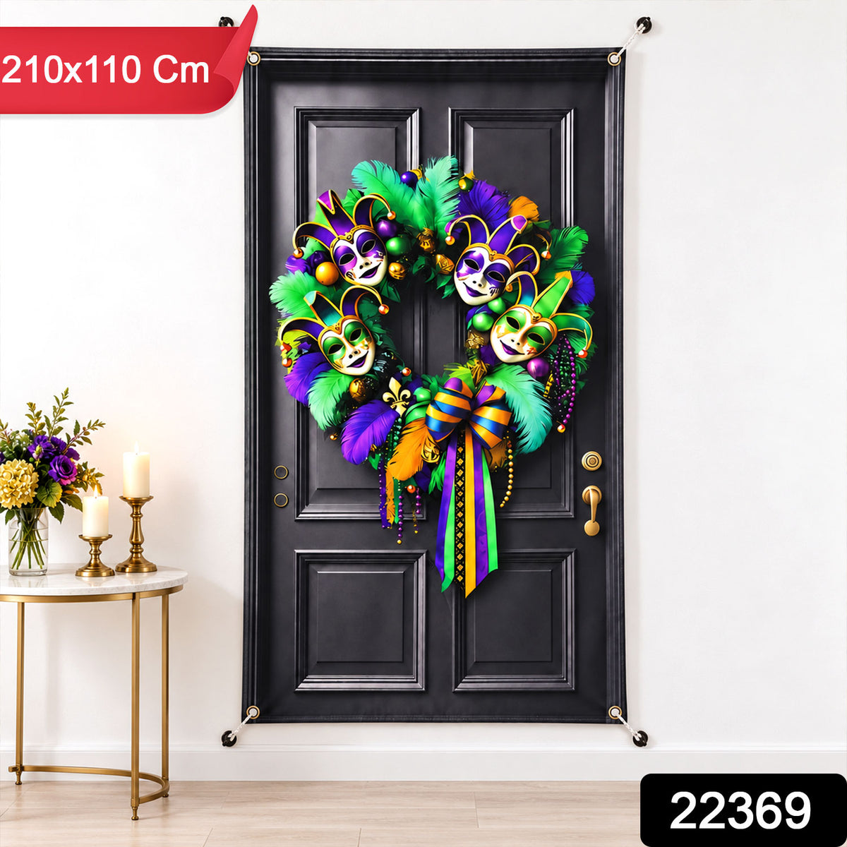 Mardi Gras Door Backdrop Curtain with Printed Wreath for Party Decor (210x110 Cm)