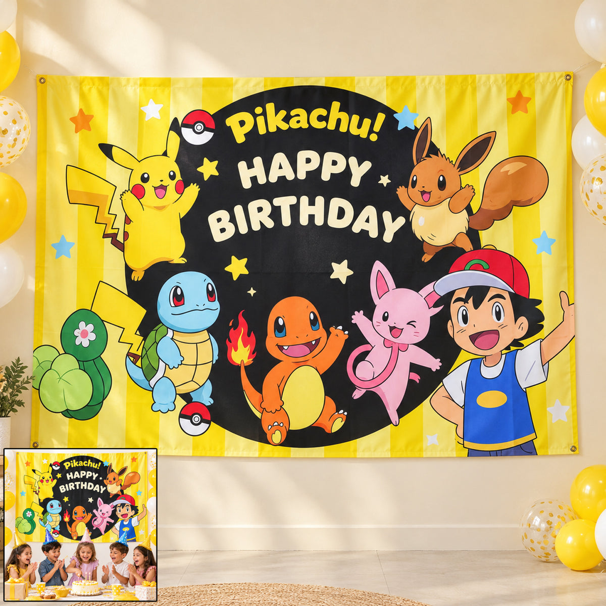 Cartoon birthday backdrop party setup