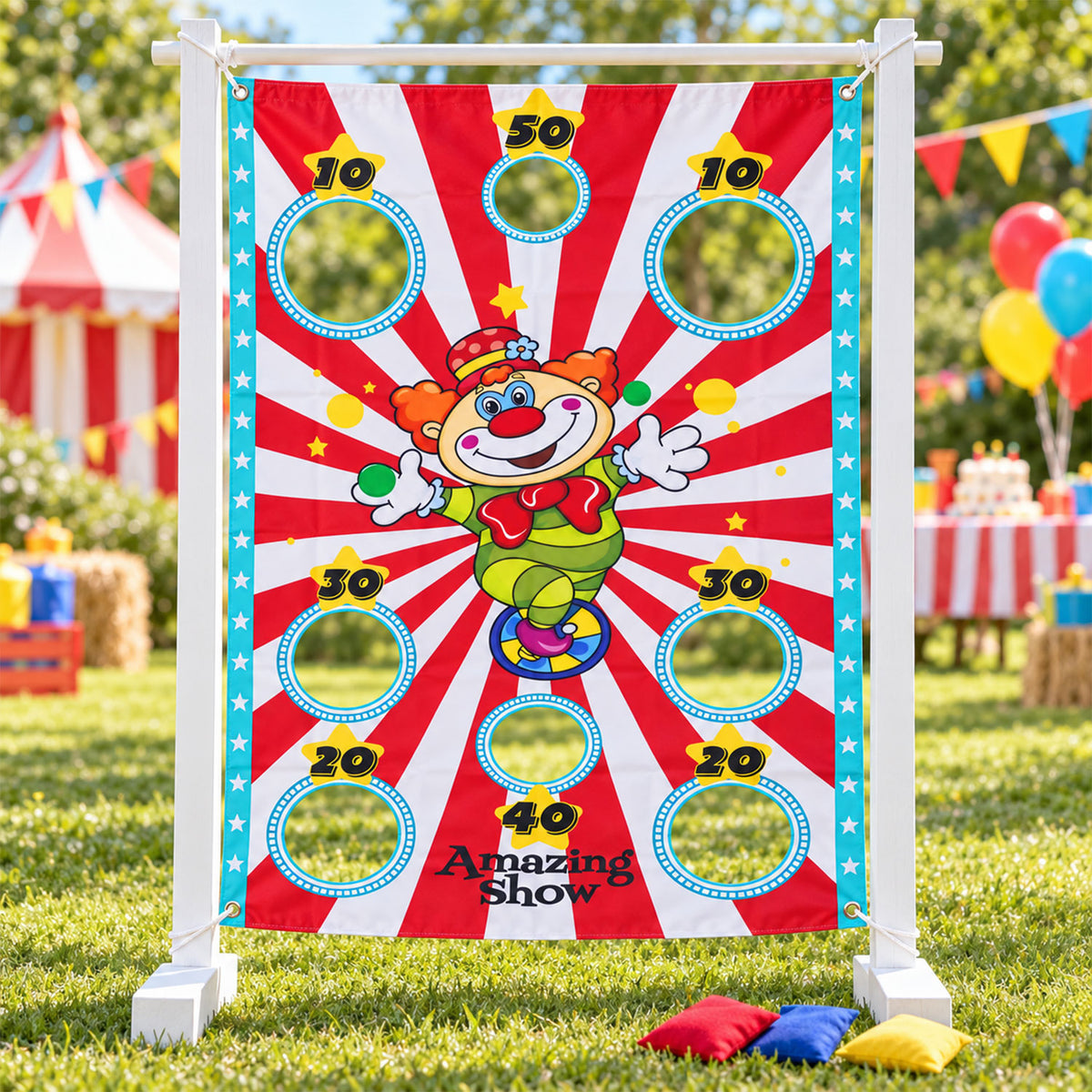 Hanging clown target banner on a display stand