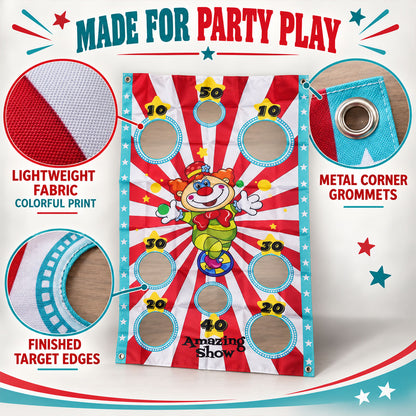 Fabric target banner with finished openings and metal corner grommets
