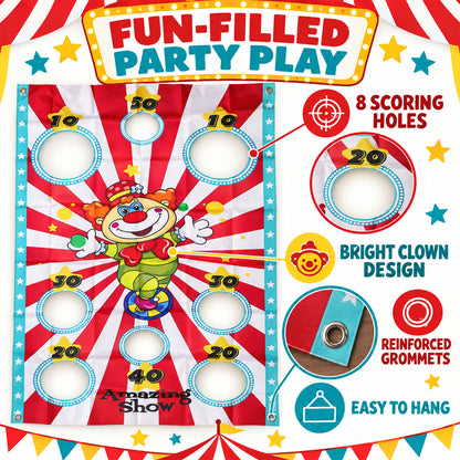 Clown target with eight numbered scoring holes