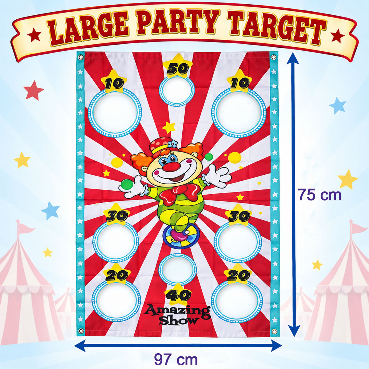 Clown target banner size guide marked 97 by 75 cm