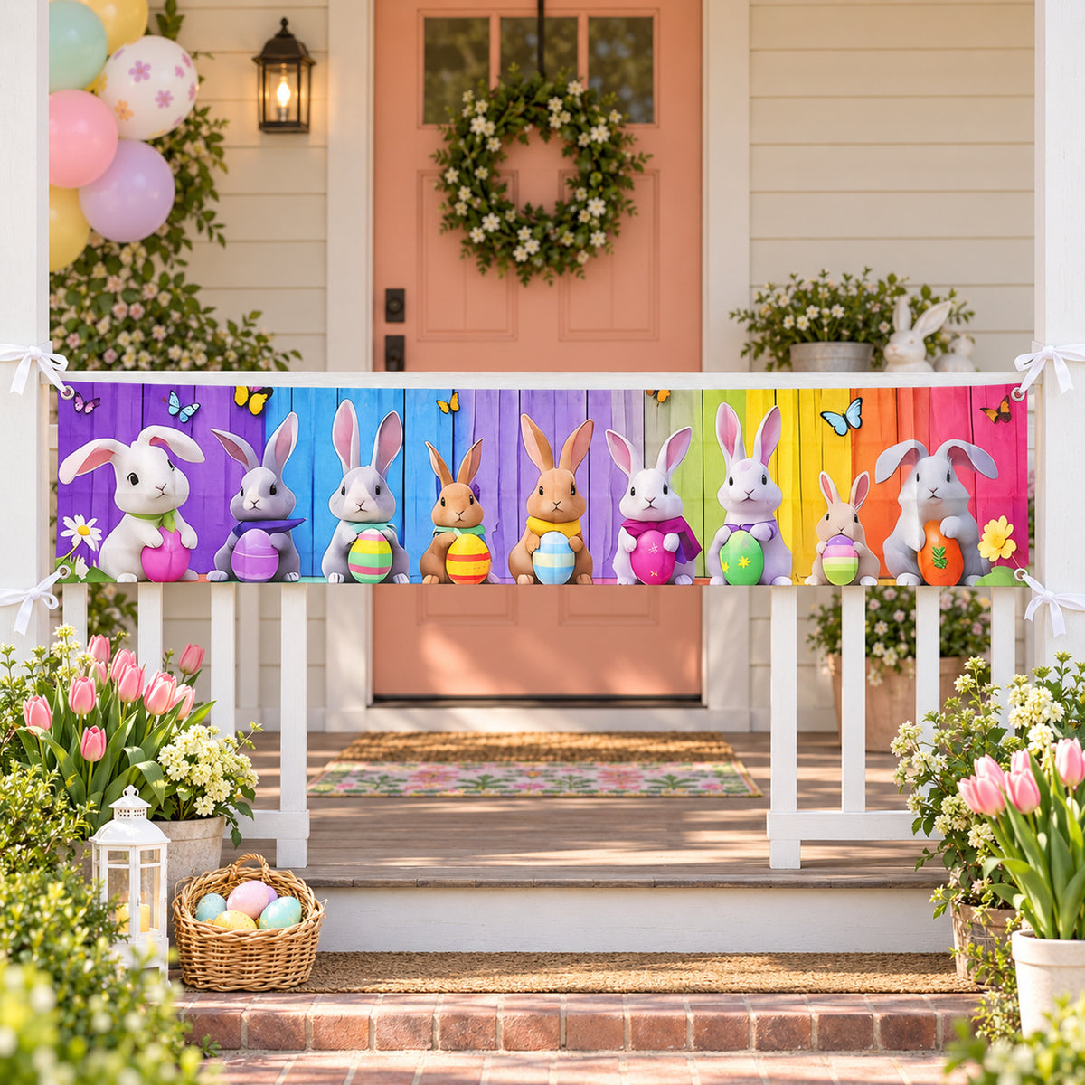 Easter banner displayed across a porch railing