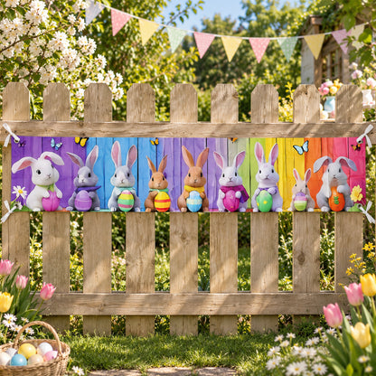 Bunny and egg banner displayed on a garden fence