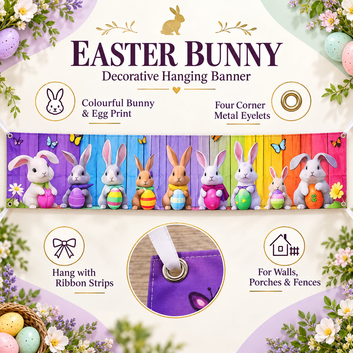 Easter banner corner eyelets and hanging ribbon details