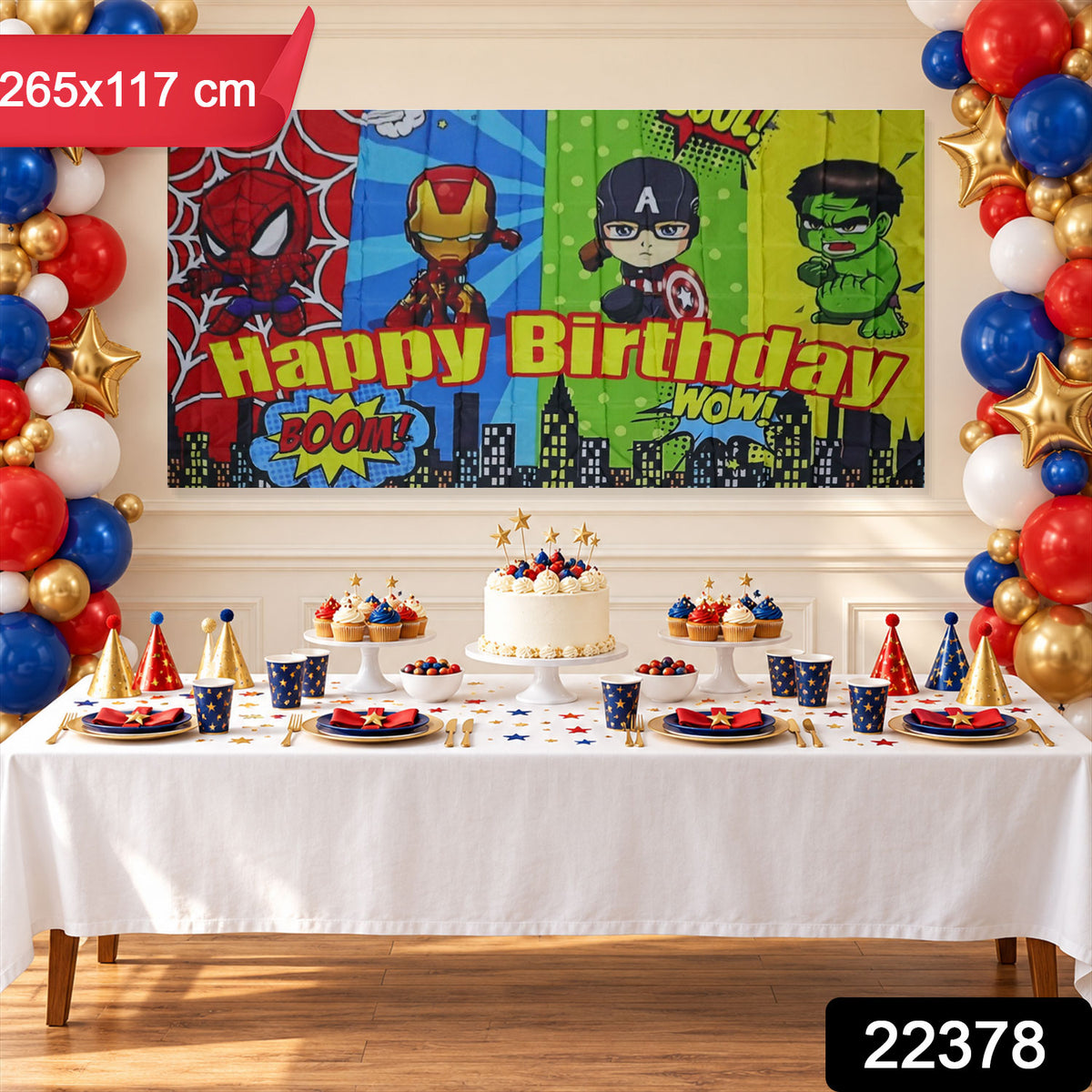 Kids Birthday Party Backdrop Curtain with Cartoon Hero Print (265x117 Cm)