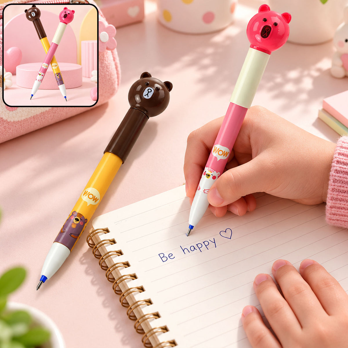 Cartoon bear head ball pen set fine tip