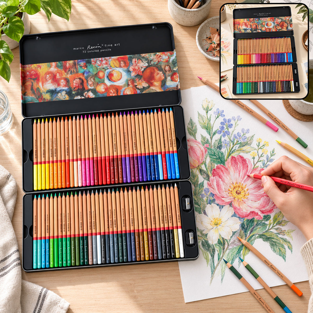 An open black metal tin displays 72 colorful pencils arranged in two trays, next to a hand coloring a floral drawing.