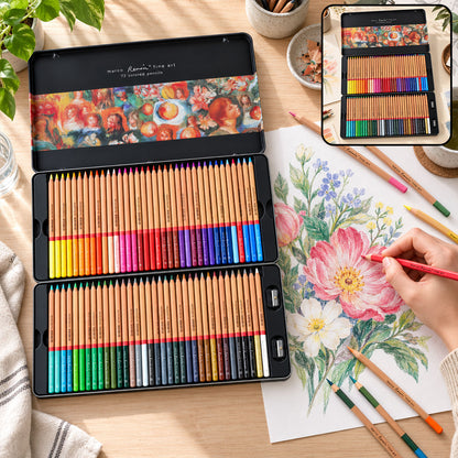 An open black metal tin displays 72 colorful pencils arranged in two trays, next to a hand coloring a floral drawing.
