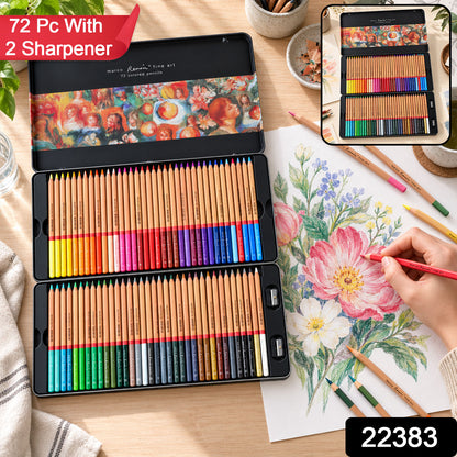A black metal tin with 72 colored pencils and two sharpeners is open on a wooden table, with a hand drawing on paper.